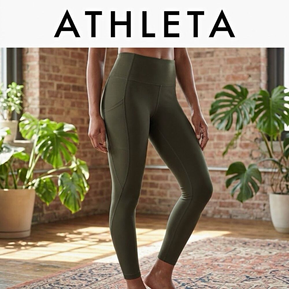 Athleta Interval Sash 7/8 Tight Leggings High Rise Pockets Petite 26.5in Green